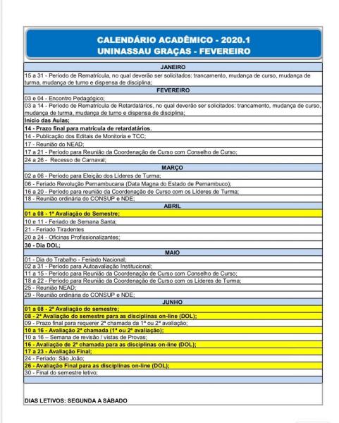 Calendário Acadêmico UniBH 2020